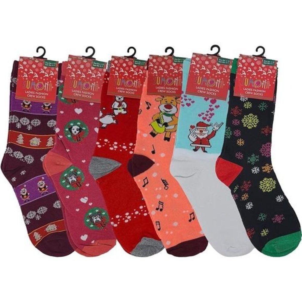 Women Stretchy Novelty Crew Colorful Fancy Crazy Design Soft Socks 6 Pairs